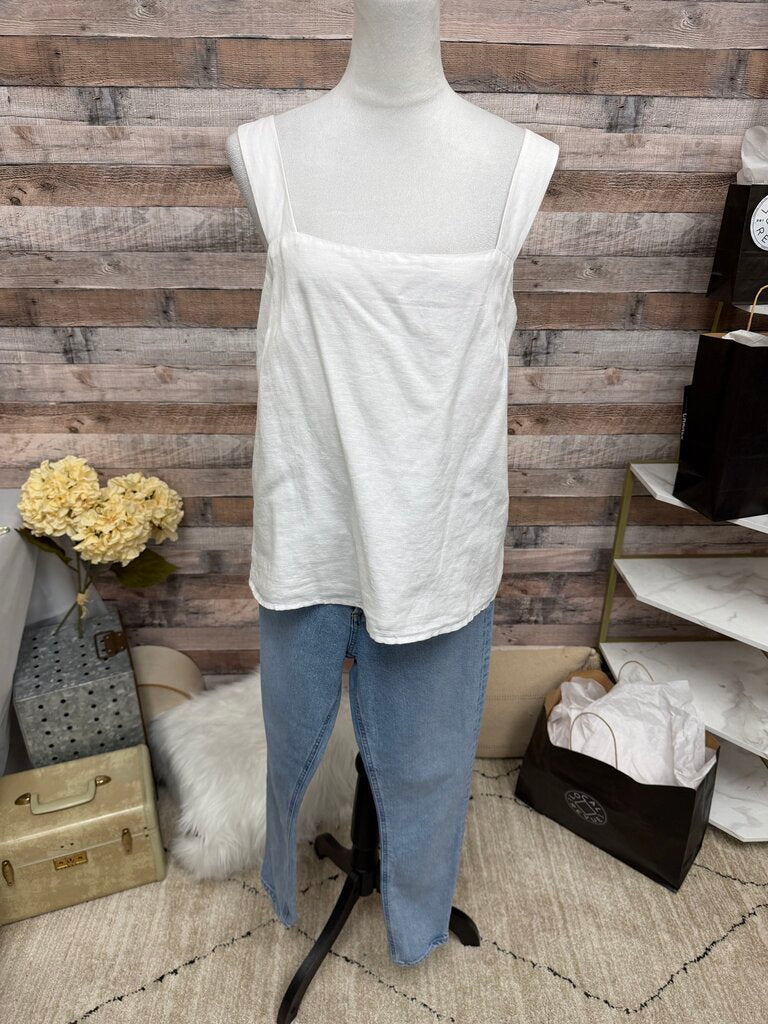 J Crew White Tank, Side Zip, Linen Blend Top