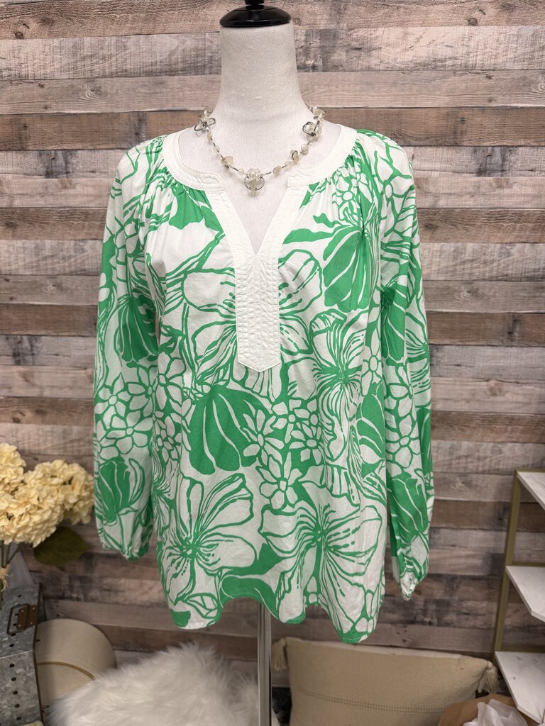 Lilly Pulitzer Green & White Floral Print V-Neck