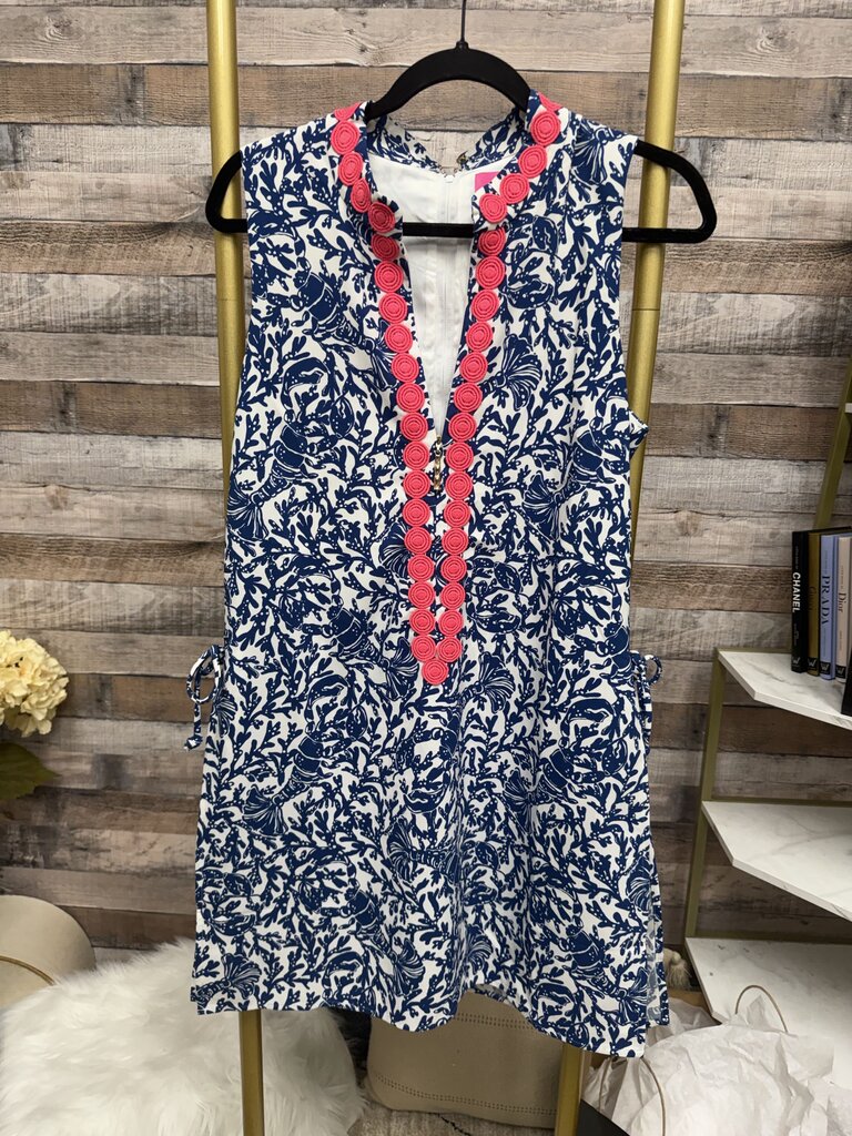 Lilly Pulitzer Blue & White w/Pink Circle Embroidered Detail Romper