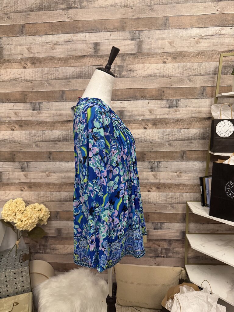 Lilly Pulitzer Royal Blue & Green Pleated Front Long Sleeve Tassel