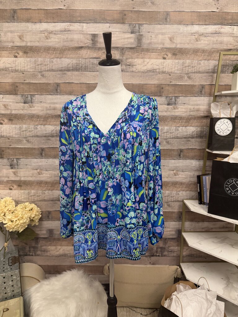 Lilly Pulitzer Royal Blue & Green Pleated Front Long Sleeve Tassel