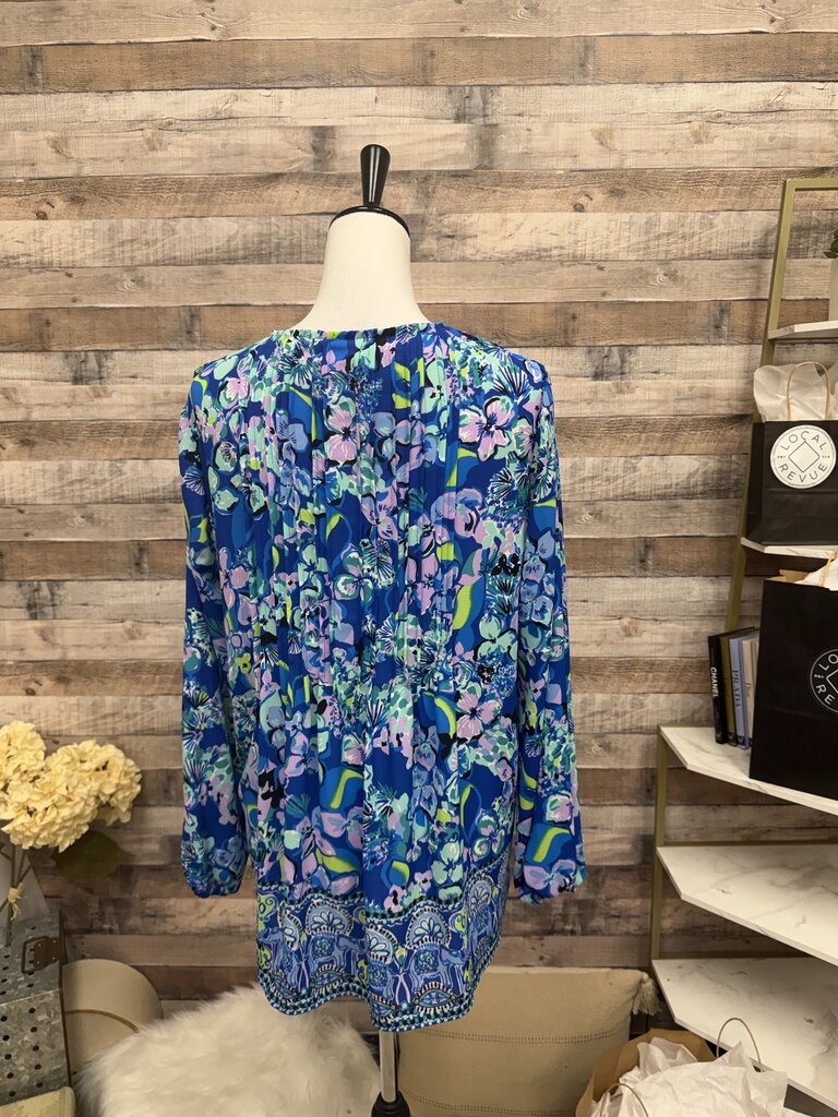 Lilly Pulitzer Royal Blue & Green Pleated Front Long Sleeve Tassel
