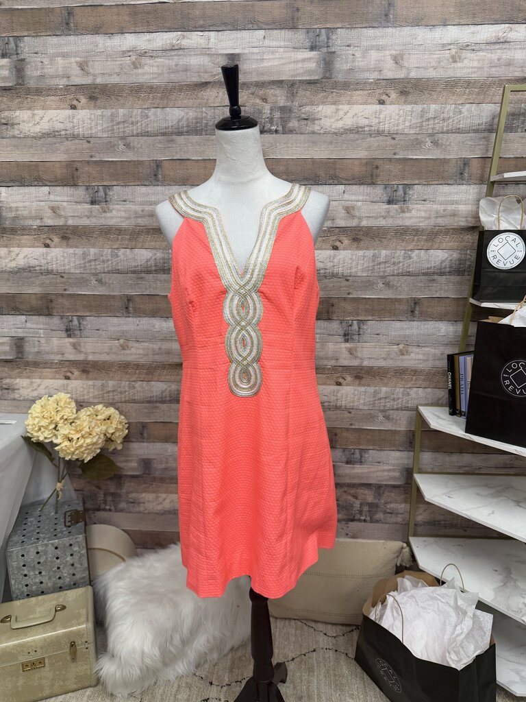 Lilly Pulitzer Coral w/Metallic Braided Neckline Shift