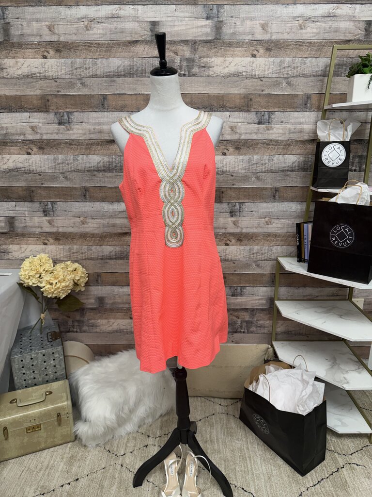 Lilly Pulitzer Coral w/Metallic Braided Neckline Shift