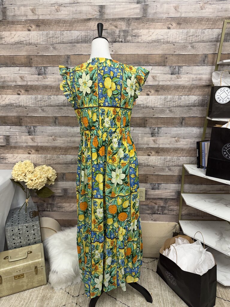 Anthropologie Green & Orange Fruit Floral Flutter Sleeve