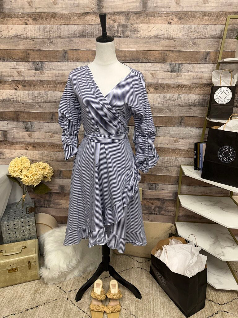 NWT Gracia Blue & White Stripe Wrap Dress & Gathered Sleeve