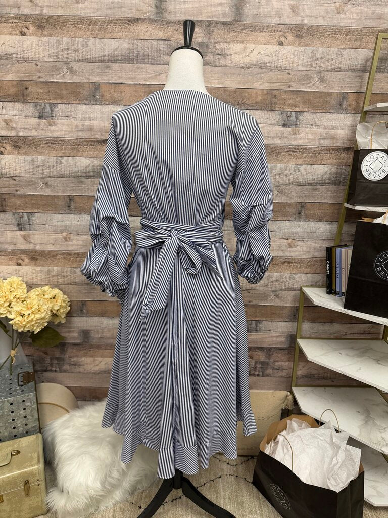 NWT Gracia Blue & White Stripe Wrap Dress & Gathered Sleeve