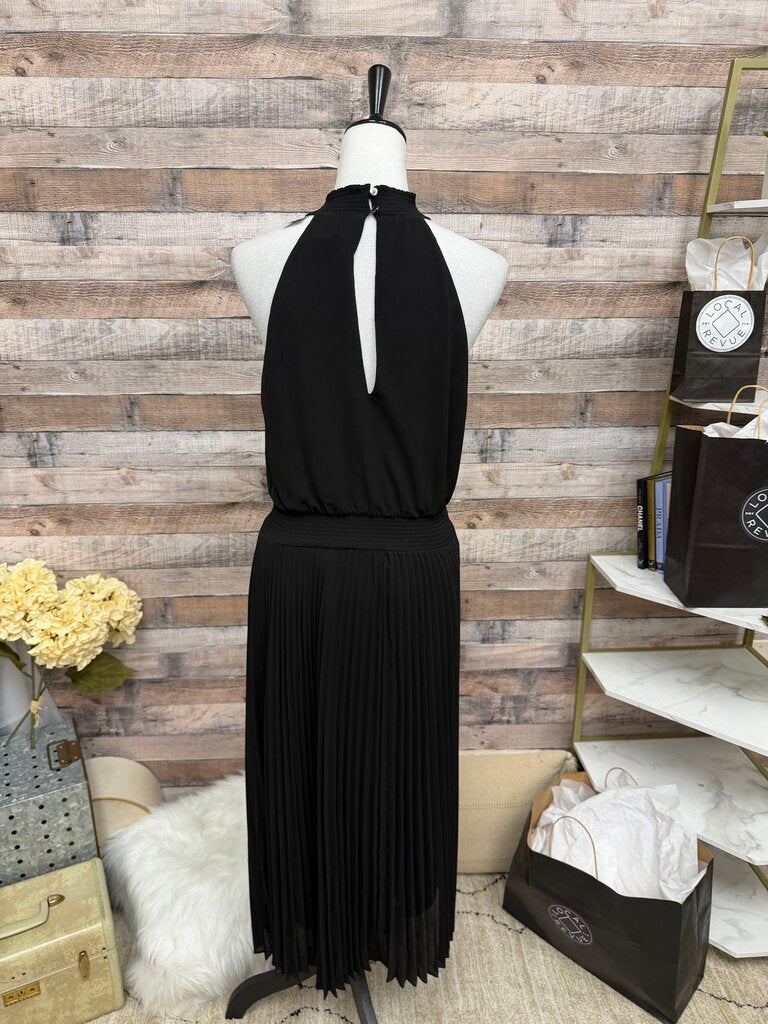 Black White House Black Market Halter Neck Pleated Midi Dress