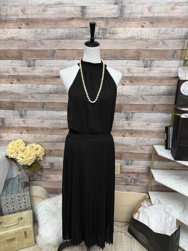 Black White House Black Market Halter Neck Pleated Midi Dress
