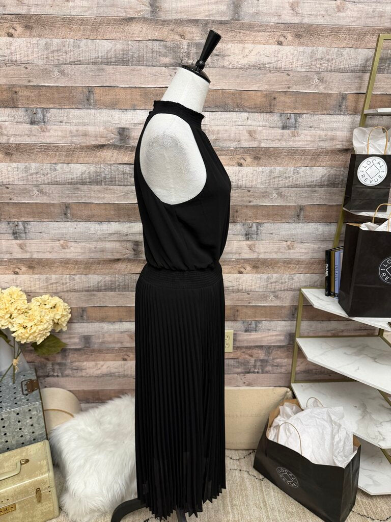 Black White House Black Market Halter Neck Pleated Midi Dress