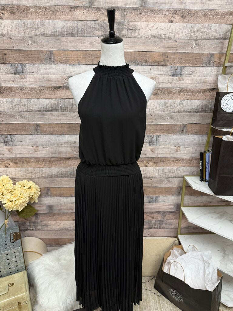 Black White House Black Market Halter Neck Pleated Midi Dress
