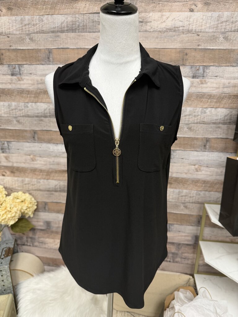 Black Anna Klein Gold Zipper Detail Sleeveless Blouse