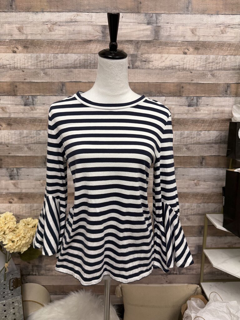 Black And Navy Striped LOFT Bell Sleeve Blouse