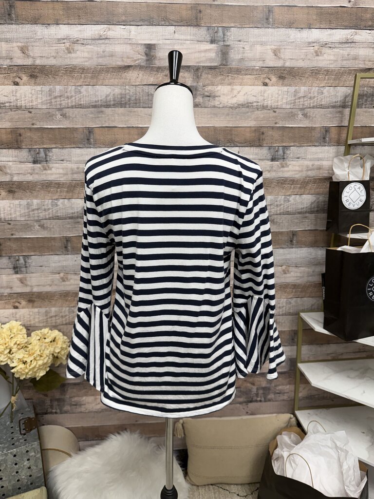 Black And Navy Striped LOFT Bell Sleeve Blouse