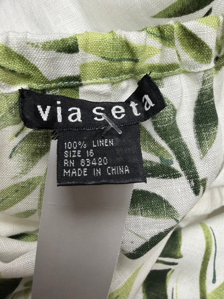 Via Seta Linen Bamboo Palm Leaf Print Pants