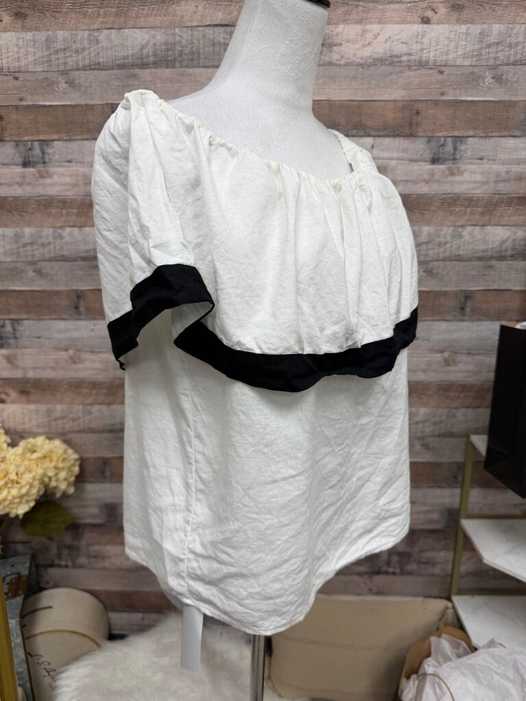 White With Black Trim Off-Shoulder Ruffle Blouse