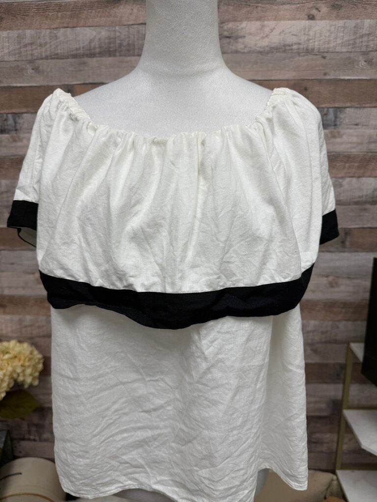 White With Black Trim Off-Shoulder Ruffle Blouse