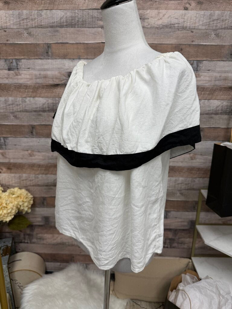 White With Black Trim Off-Shoulder Ruffle Blouse
