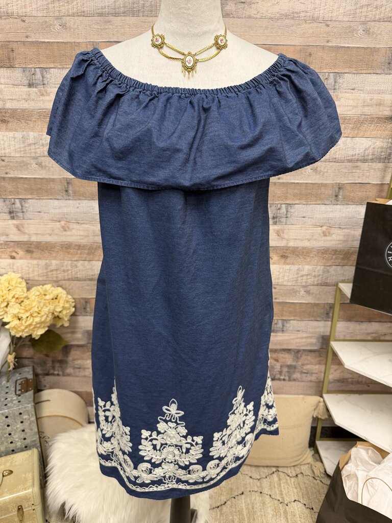 Blue Embroidered Westport 1962 Off-Shoulder Dress