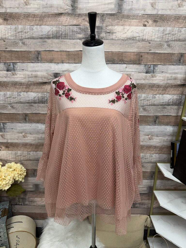 NY Collection Rose Mesh & Floral Embroidered Flutter Sleeve