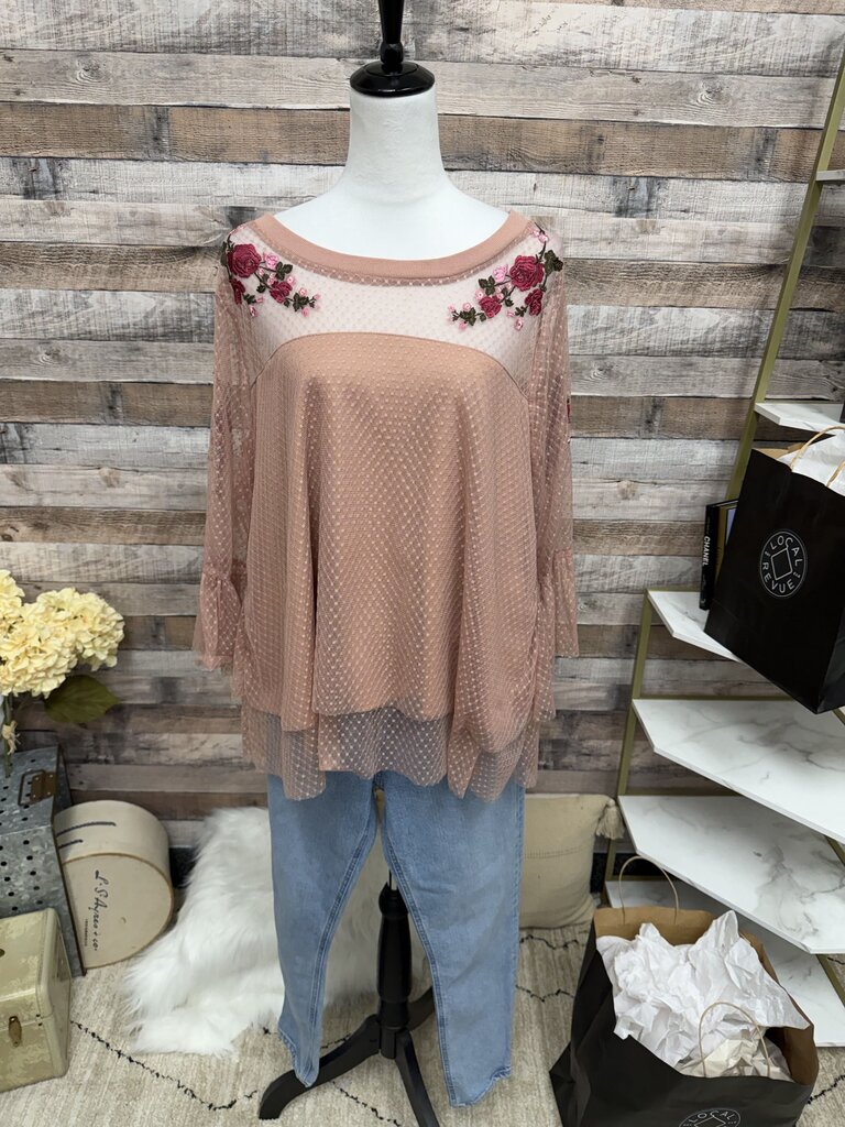 NY Collection Rose Mesh & Floral Embroidered Flutter Sleeve