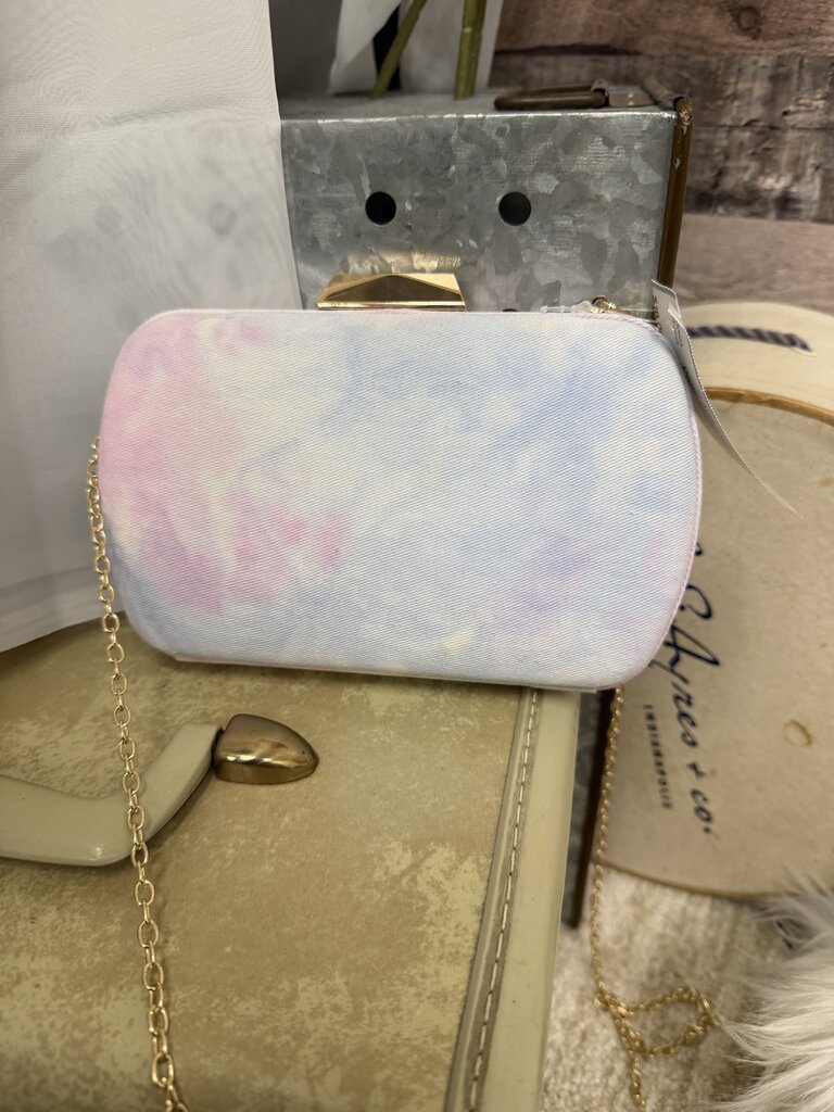 Denim Tie Dye Pink & Blue Clutch w/Gold Chain