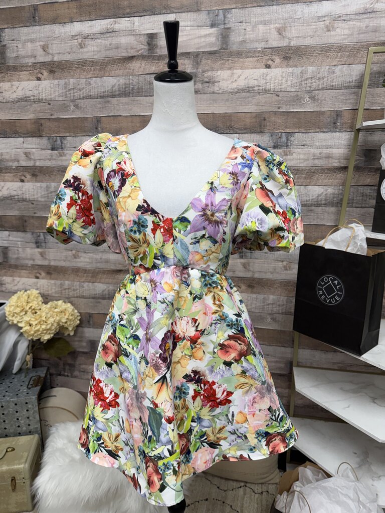 Multi Color Floral Print Sachin & Babi Puff Sleeve Mini Dress