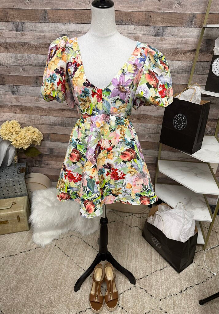 Multi Color Floral Print Sachin & Babi Puff Sleeve Mini Dress