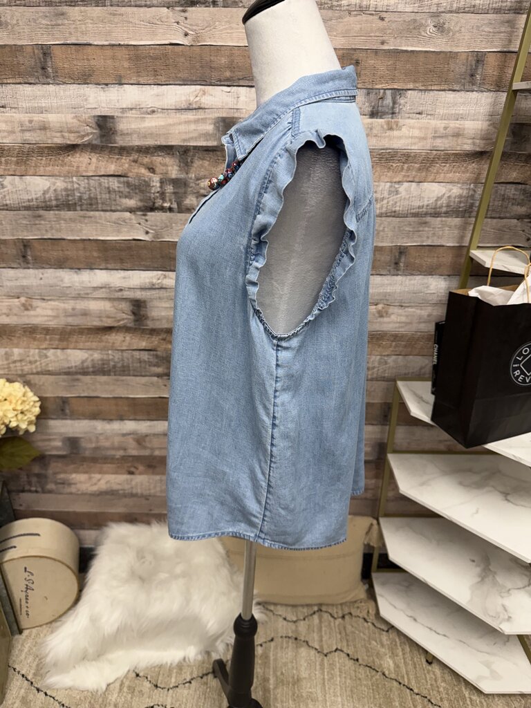 LOFT Chambray Cotton Blend Short Sleeve Blouse