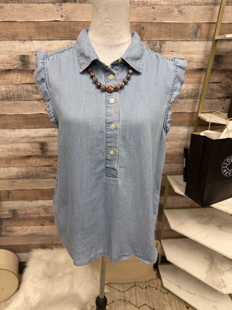 LOFT Chambray Cotton Blend Short Sleeve Blouse