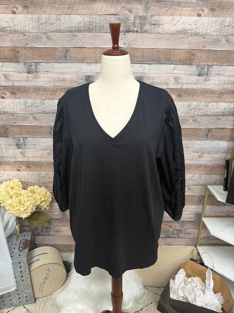 Chico's Black Long Sleeve Blouse With Flower Detail On The Sleeve