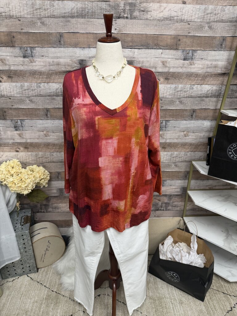 Chico's Red & Orange Long Sleeve V-Neck tee