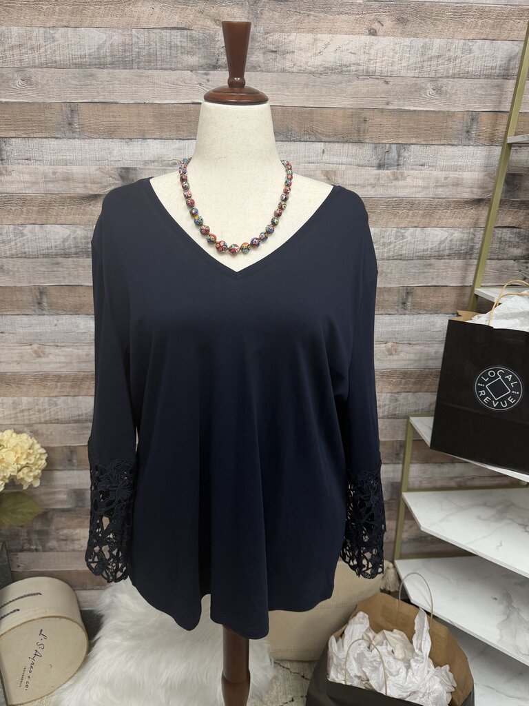 Chico's Navy V-Neck Tunic Top With Lace Cuff Sleeves