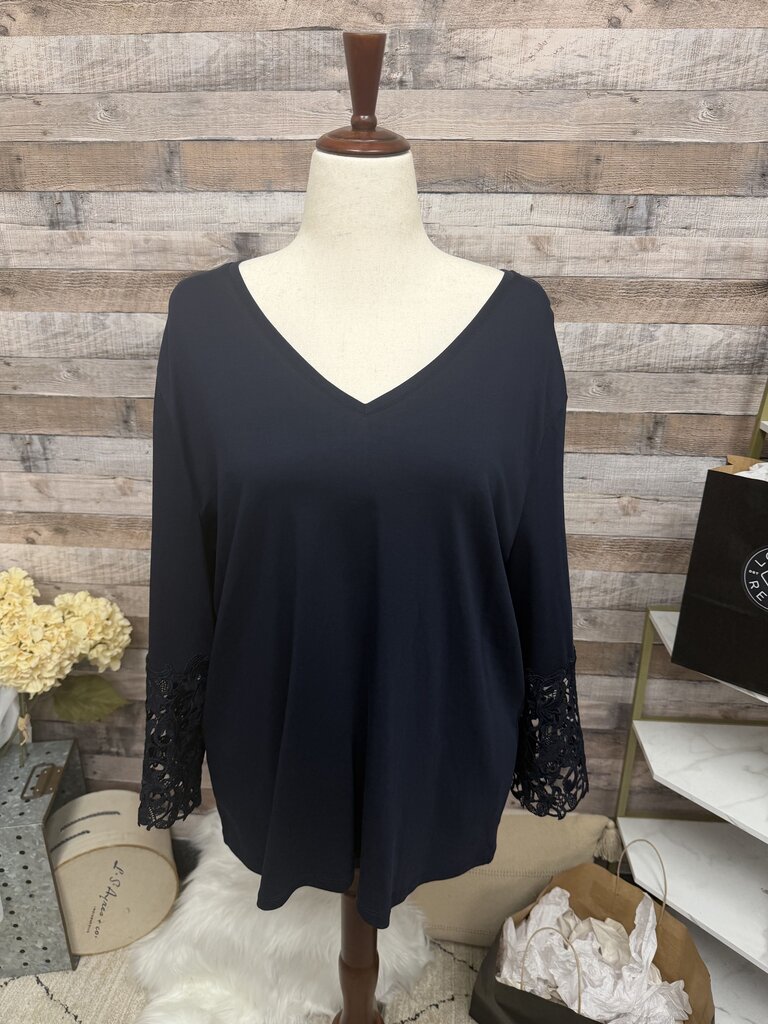 Chico's Navy V-Neck Tunic Top With Lace Cuff Sleeves