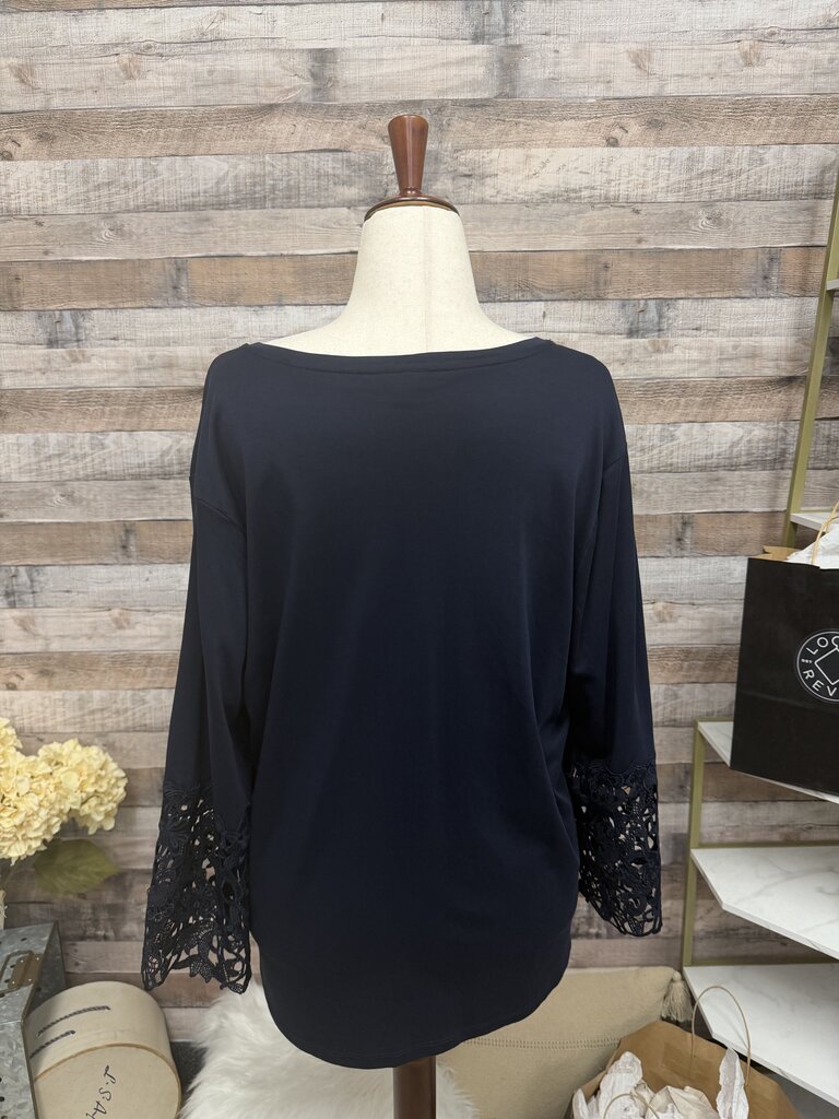 Chico's Navy V-Neck Tunic Top With Lace Cuff Sleeves
