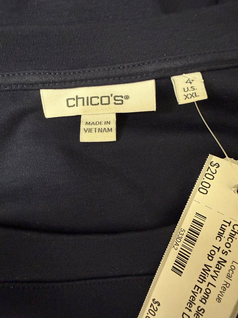 Chico's Navy Long Sleeve Tunic Top With Eyelet Detail