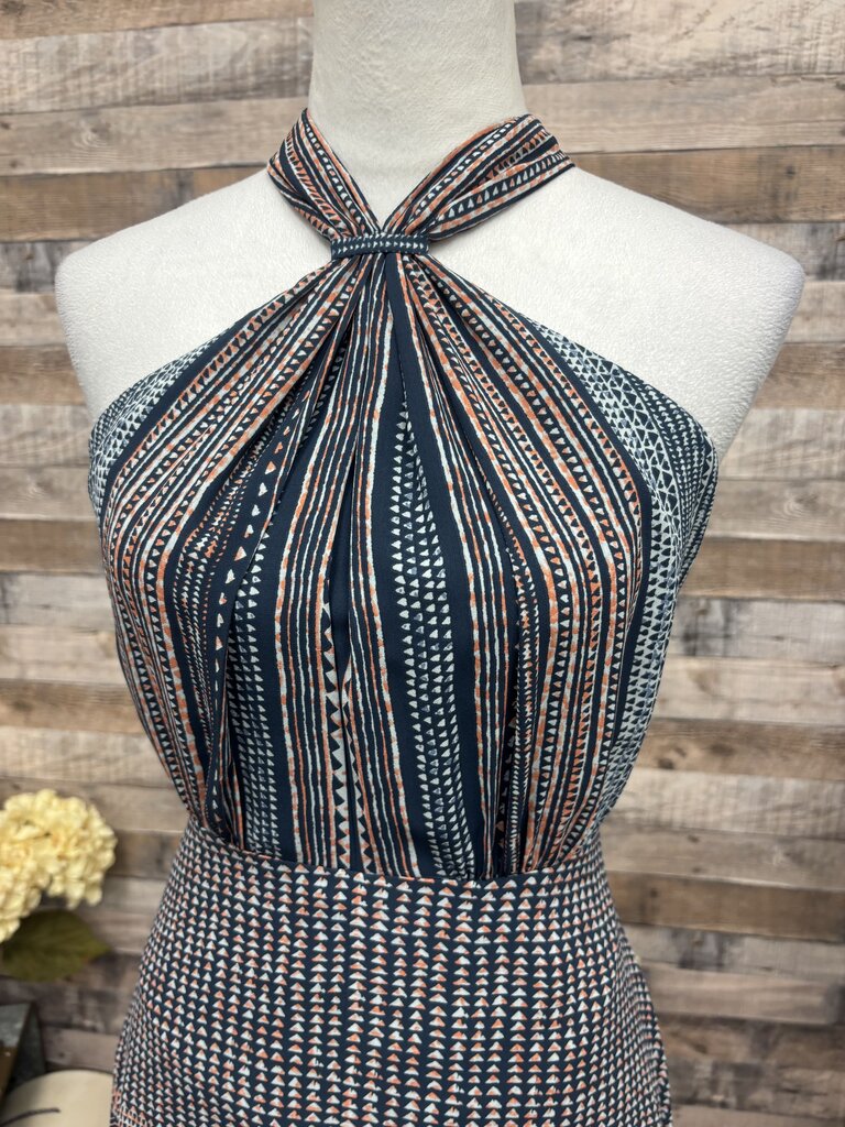 BCBGMazAzria Blue & Coral Geo Print Halter Dress