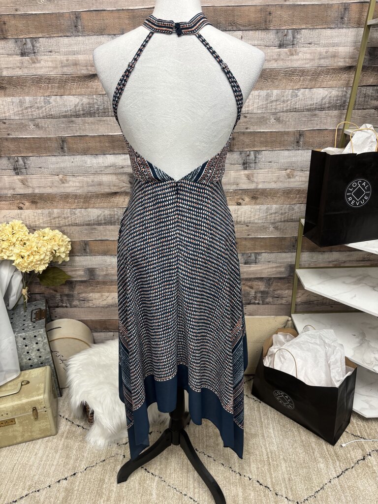 BCBGMazAzria Blue & Coral Geo Print Halter Dress