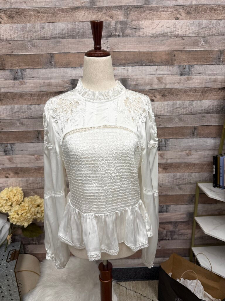 Anthropologie White Smocked Long Sleeve Blouse With Ruffle Details