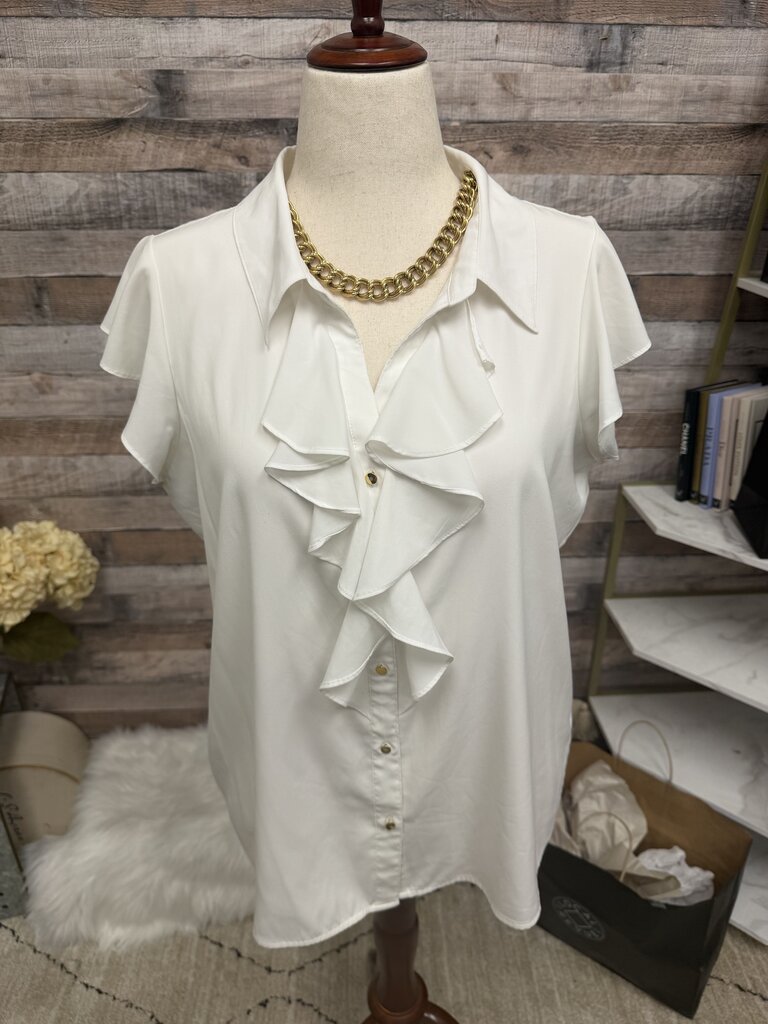 Calvin Klein White Ruffle Cap Sleeve Blouse