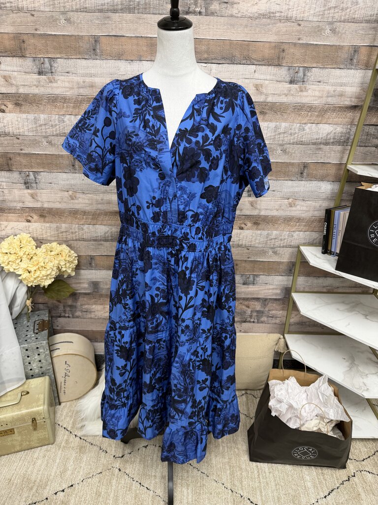 Anthropologie Royal Blue w/Black Floral Print Tiered