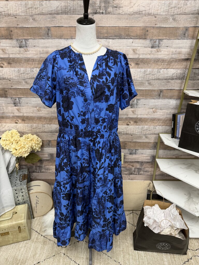 Anthropologie Royal Blue w/Black Floral Print Tiered