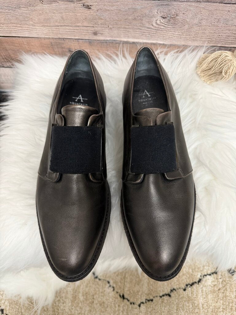 Aquatalia Black Leather Platform Loafers, Metallic Gunmetal Finish