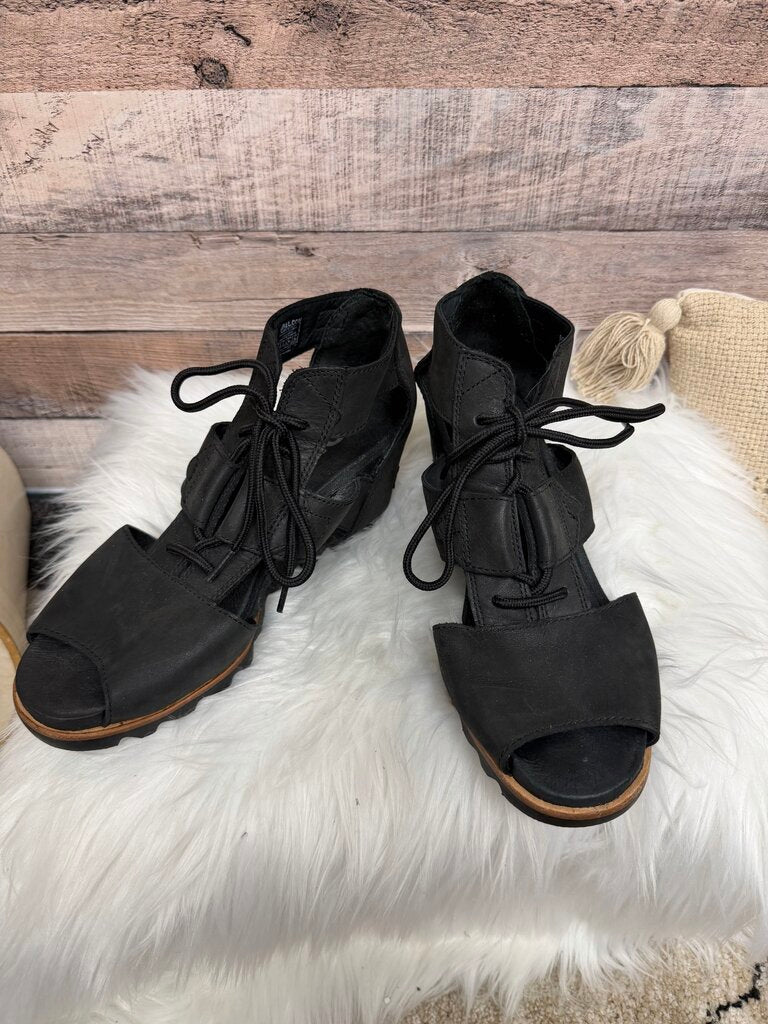 Sorel Black Leather Gladiator Wedge Sandals