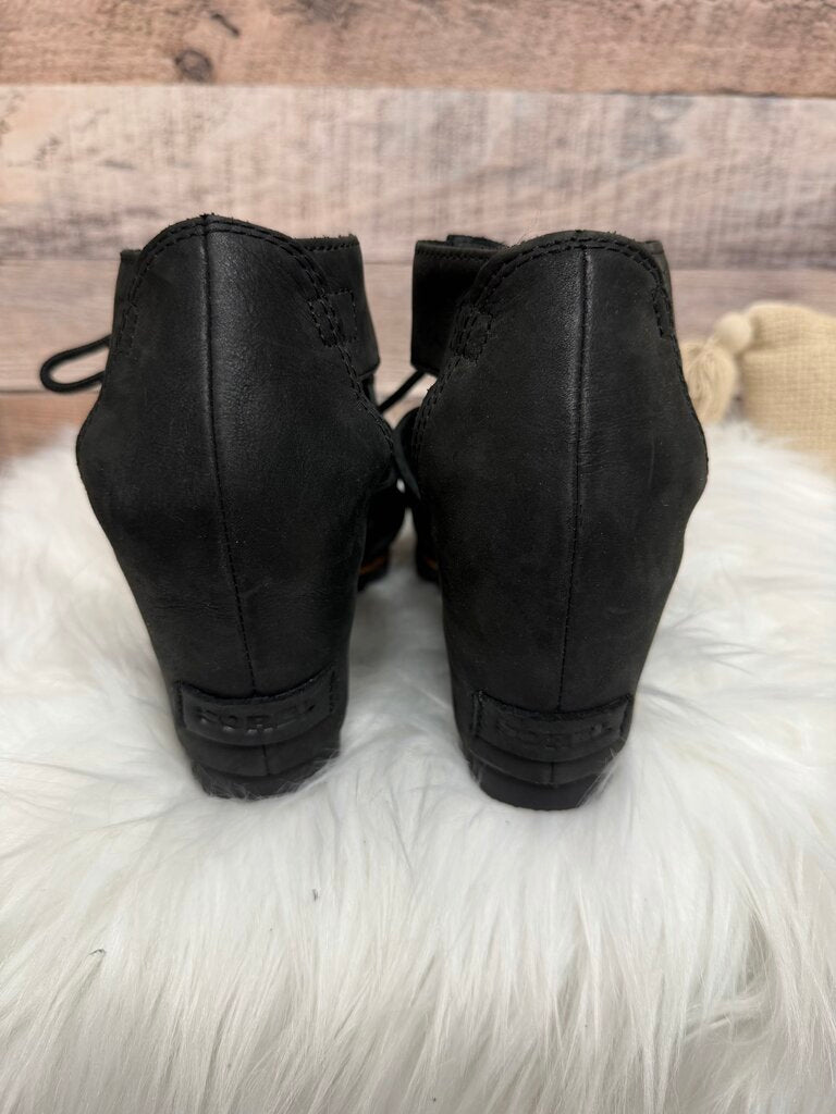 Sorel Black Leather Gladiator Wedge Sandals