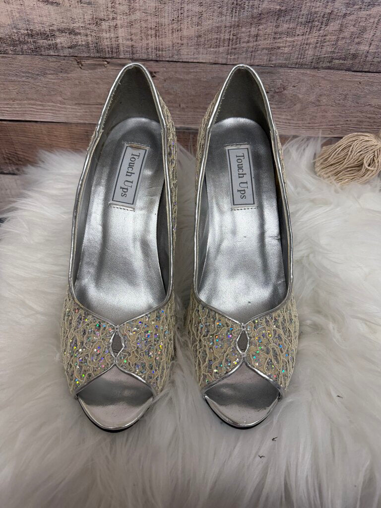 Touch Ups Silver & Glitter Fabric Peep Toe Formal Heels