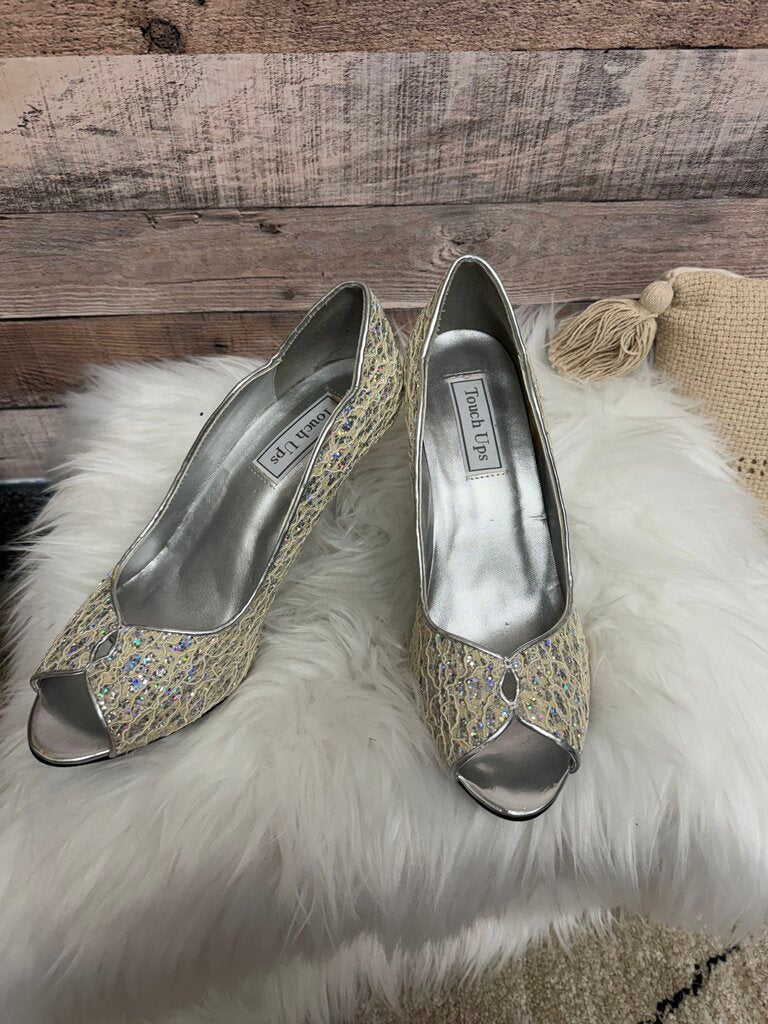 Touch Ups Silver & Glitter Fabric Peep Toe Formal Heels