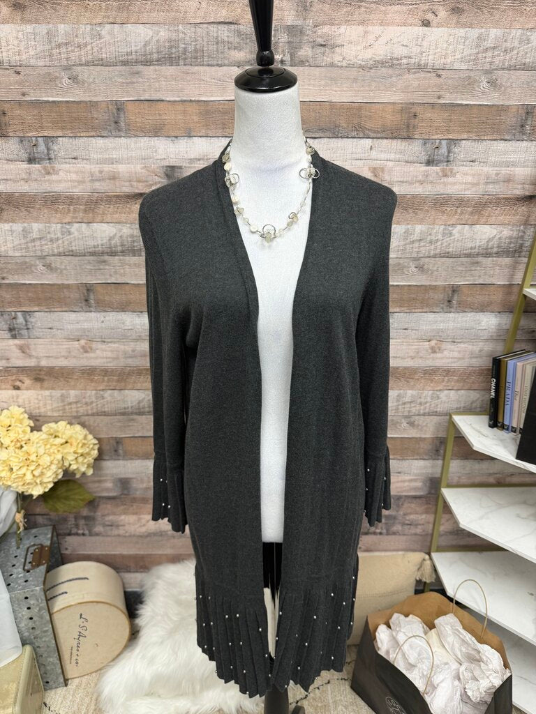 Chico's Grey Pleated Hem w/Pearl Detail Cardigan