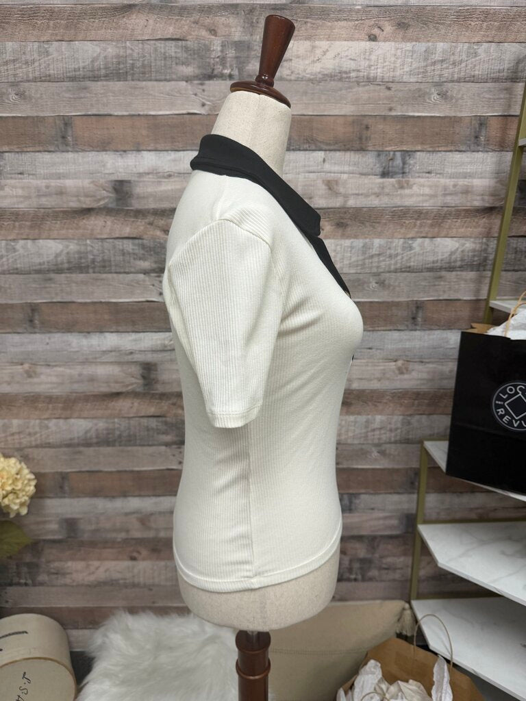 J Crew Cream Ribbed Polo w/Gold Buttons