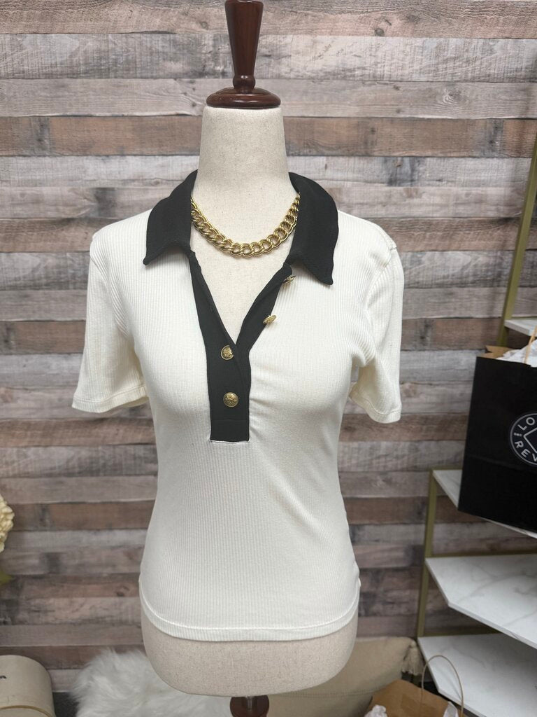 J Crew Cream Ribbed Polo w/Gold Buttons
